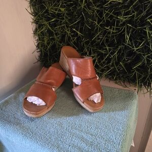 UGG Women's Brown Leather Espadrille Wedge Slides